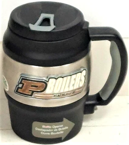 Purdue Boilermakers Insulated Barrel Travel Mug With Handle and Bottle Opener Cover