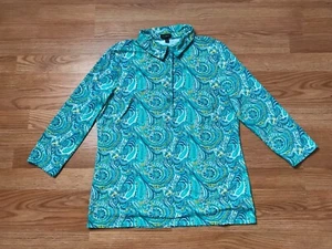 Talbots Collared Shirt Womens M Blue Green Paisley 1/4 Button Stretch Nylon Blen - Picture 1 of 12