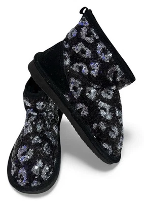 Botas Victoria Secret ROSA Bling Piel Sintética Mukluks Negras y Plateadas Talla 5-6 Pequeñas Foto 1 de 4