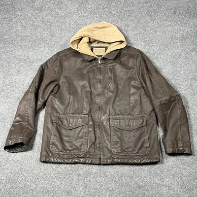 Columbia Jacket Mens Large Brown Faux Leather Hooded Quilted Lined Zip Front - Image 1 of 4