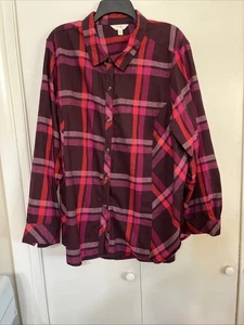 Terra & Sky Women's 3X Plus Wine & Red Plaid Button Lightweight Shirt Soft - Picture 1 of 11