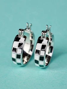 Cute Silver Plated White and Black Hoop Earring Women Wedding Jewelry Gift - Picture 1 of 6