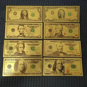 24K Gold Foil on Plastic US Currency Set-8 Different Bills, $1 to $100 - Whole ! - Picture 1 of 4