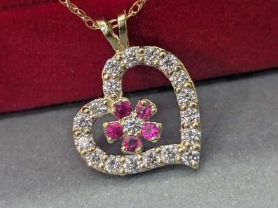 Custom 10K Yellow Gold Heart Pendant - 0.83Ct Diamonds & Rubies - Image 1 of 4