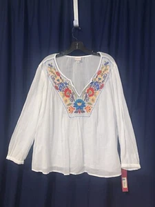 NWT~MERONA Women’s Cotton Top Sz Large White With Multicolor Embroidered Front - Picture 1 of 6