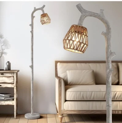 Retro Farmhouse Rustic Rattan Floor Lamp Tree Trunk 64.25 Inches Tall Office Etc - Image 1 of 4