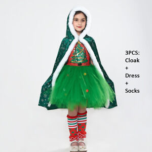 Kids Girls Christmas Tree Elf Cosplay Costume Xmas Outfit Dress Cloak Tutu Skirt