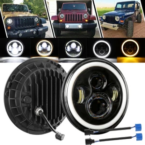 Pair Motorcycle 7" Inch LED Headlights Angle Eyes For Jeep Wrangler JK LJ TJ CJ - Picture 1 of 12