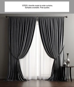 STEEL GREY CHENILLE FABRIC SAMPLE. WINDOW CURTAINS. PENCIL, EYELET, PINCH PLEAT. - Picture 1 of 12