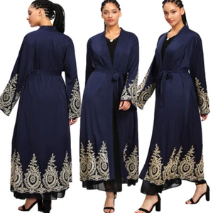 Maxi abito lungo da donna musulmana Dubai kimono aperto Abaya abito cardigan abito abito caftano - Foto 1 di 25