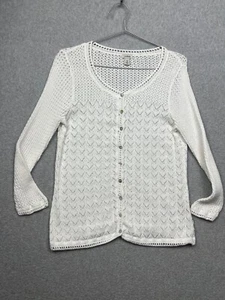 LL Bean Womens Open Knit Sweater Size M Button Up Linen Beachy Coquette white - Picture 1 of 12