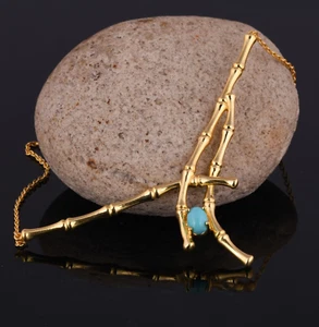 Bamboo Chain Necklace Pendent With Gemstone Turquoise In Yellow Gold Finish Tone - Picture 1 of 10