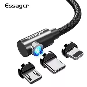Essager Magnetic 3in1 charging 2m black braided elbow cable for iPhone & Android - Picture 1 of 12
