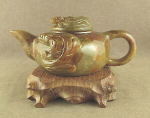DRAGON LID OLD CHINESE ANTIQUES Hetian NEPHRITE JADE TEAPOT CARVED COILED DRAGON