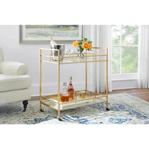 Gold Leaf Metal and Glass Rolling Bar Cart with Glass Top (30 In. W X 33 In. H) - Picture 1 of 12