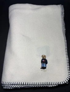 Ralph Lauren Fleece Throw Blanket Polo Bear Whipstitch Vintage Y2K Cream 52x70 - Picture 1 of 9