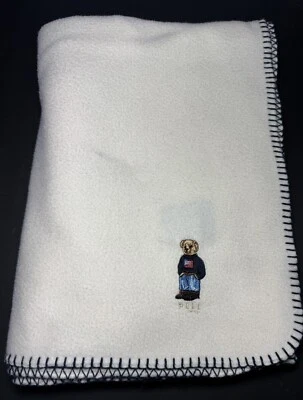 Ralph Lauren Fleece Throw Blanket Polo Bear Whipstitch Vintage Y2K Cream 52x70 - Image 1 of 4