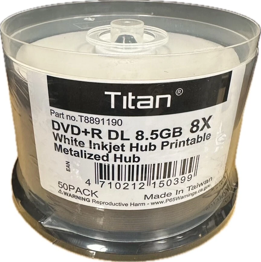 300-PK TITAN Brand 8X White Inkjet Hub Printable DVD+R Dual Layer DL Disc 8.5GB - Image 1 of 1