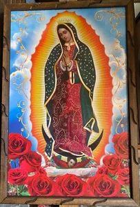 Virgen De Guadalupe Flores Rojas 36”X24” Cuadro Rustico, Nuevo - Picture 1 of 2