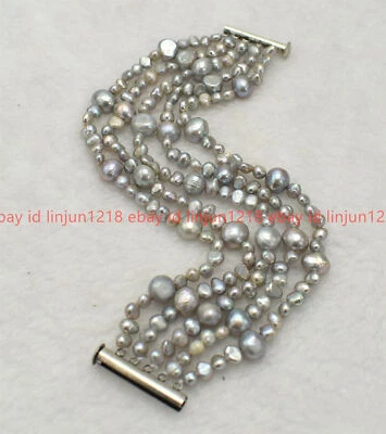 Nuevo Brazalete 5 Filas 4-5mm Gris Genuino 9-10mm Barroco Perla Agua Dulce 7.5" Foto 1 de 4