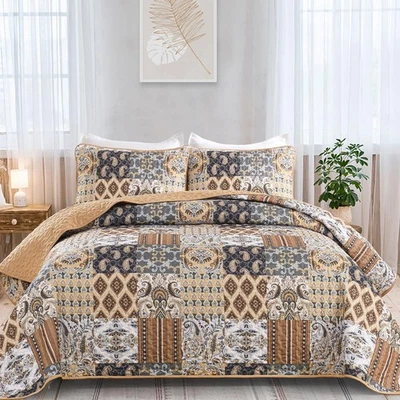 Boho Quilt Set Queen Size, Dark Brown Plaid Patchwork Bedspread Bedding Set S... - Image 1 of 4