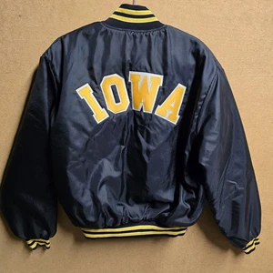 Vintage Holloway Jacket Mens XL Black Varsity Bomber Satin Iowa Hawkeyes USA 80s - Picture 1 of 7