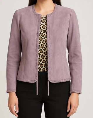 复古 Escada 女式夹克尺寸 US 14 100% 山羊皮革麂皮绒薰衣草成熟 — 第 1/4 张图片