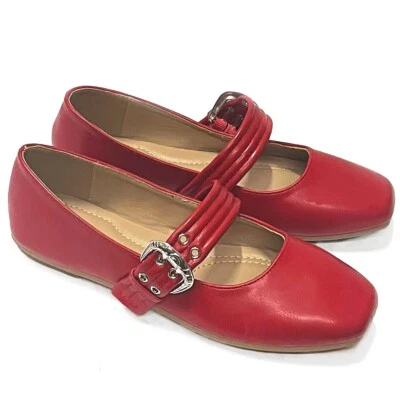 New Womens Red Mary Jane Square Toe Double Straps Ballet Flats  5 to 10 - Image 1 of 4
