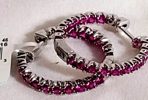 Sterling Silver 2.5MM Simulated Ruby Hoop Earrings - Picture 1 of 5