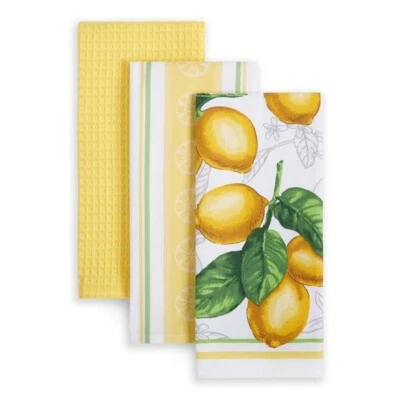 Martha Stewart Printed Lemons Kitchen Towel 3-Pack Set 18"x28" NEW - Image 1 of 4