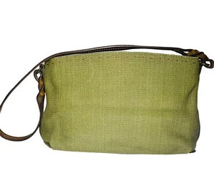 Fossil Green Knit Coated Canvas Shoulder Handbag Brown Trim And Handles - Picture 1 of 12