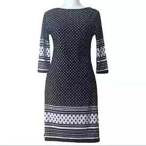 Primark Dress Womens 4 Black & White Diamond Print Boatneck 3/4 Sleeves Midi - Picture 1 of 9