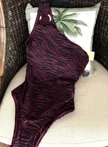 MICHAEL KORS ASYMMETRICAL ONE SHOULDER SWIMWEAR, RUBY/BLACK , SIZE 14 NWT - Picture 1 of 12
