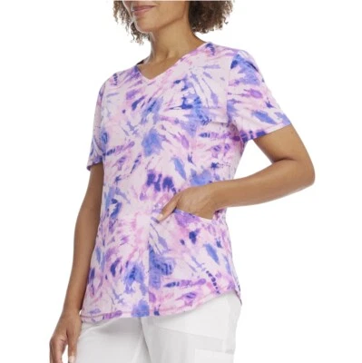Scrubstar Women’s Size XL Blue Pink Tie Dye V Neck Scrub Top Stretch NWT - Image 1 of 4