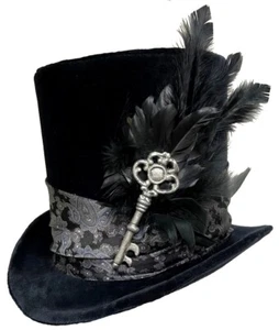 Tall Top Hat Velvet Black Silver Blue Skeleton Key Gothic Steampunk Wedding - Picture 1 of 6