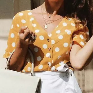 Women V-Neck Short Sleeve Polka Dot Print Casual Top - Picture 1 of 6