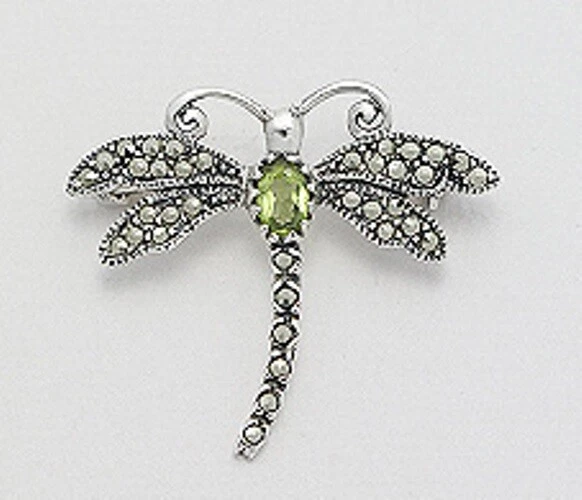 Broche Libélula Peridoto y Marcasita Suiza Plata de Ley Sólida 1.3" 3.55g Foto 1 de 1
