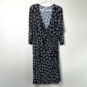 Susan Graver Liquid Knit Faux Wrap Dress Size 1X Navy Blue Green Dot Stretch - Picture 1 of 14
