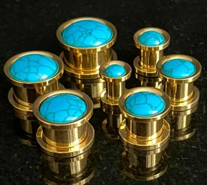 PAIR Turquoise Stone Dome Gold Steel Screw Fit Tunnels Gauge Plugs Body Jewelry - Picture 1 of 4