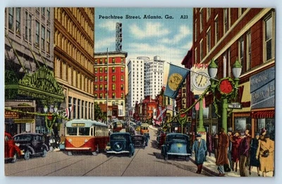 1947 Atlanta Georgia GA Vintage Postcard Peachtree Street Railway Trolley Posted - Image 1 of 2