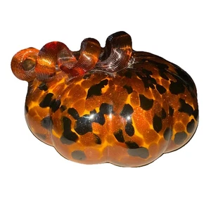 7" Art Glass Pumpkin Amber Brown Gold Black Halloween Handmade Fall Thanksgiving - Picture 1 of 8