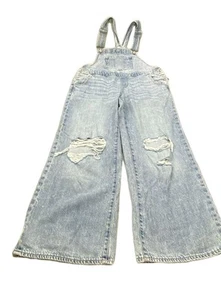 Maurices Bib Overall Womens 14 Short Blue Denim Distressed Wide Leg Baggy - Picture 1 of 9