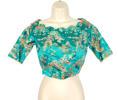 Vintage 1950s teal green Japanese crop top XS blouse short sleeve novelty print - Image 1 of 4