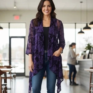Aria A Purple Velvet Floral Burnout Sheer Kimono Cardigan Burnout Silk Blend XL - Bild 1 von 9