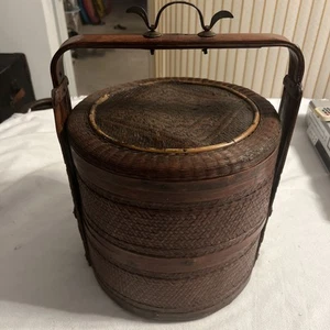 Antique Chinese Traditional 2-Tier  Round Stacking Wedding Basket Rattan Carved - Picture 1 of 24