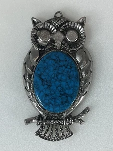 Collar colgante vintage de búho grande turquesa tono plata e imitación - 3 1/4" x 2" - Imagen 1 de 5