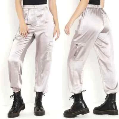 Pantalones cargo satinados Blackmilk ciberespacio plata rosa negro leche seda futurista Foto 1 de 4