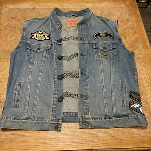 Vintage 1990s Levis Men’s Denim Vest Harley Owners Group Patches & Pins HOG XXL - Picture 1 of 14