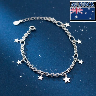 Woman Real s925 Sterling Silver Rolo Chain Stars Charm Bracelet Bangle  - Image 1 of 4