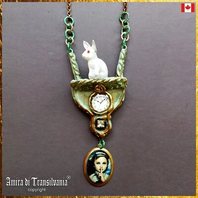 Jewelry Necklace Pendant Luxury Art Deco White Rabbit Alice in Wonderland Charm - Image 1 of 4